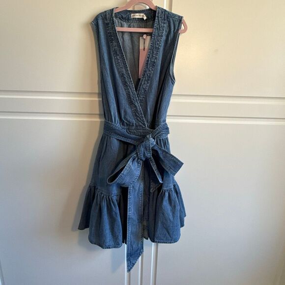 NWT Avec Les Filles  tie waist denim mini dress Size 8 - Picture 6 of 11